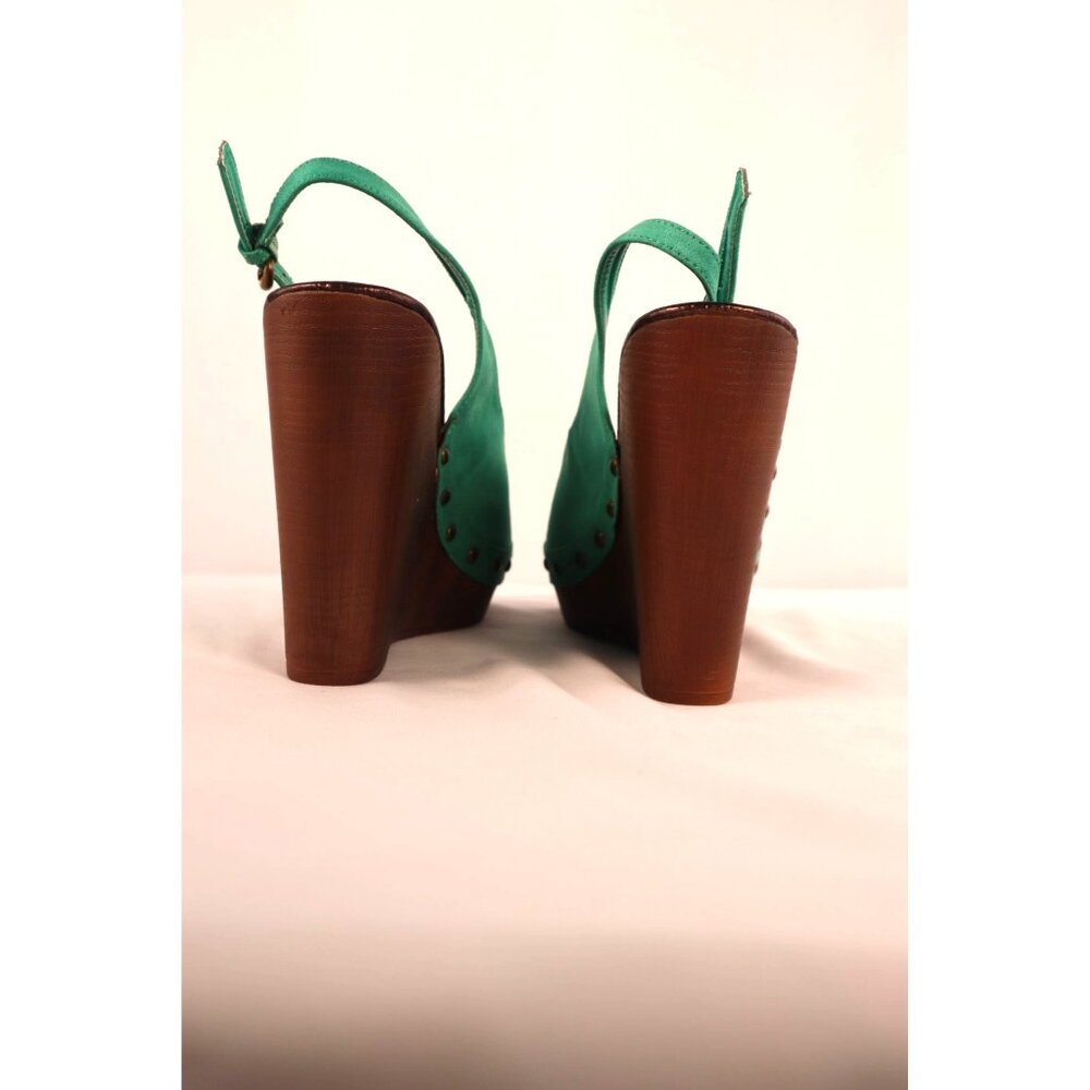 Bomlel Green Suede Wedge Sandals with Studded Accents‎ & Wooden Heel Size 8 - Picture 9 of 10